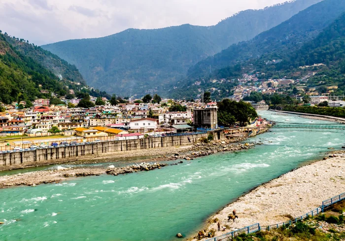 Uttarkashi town seen through pine trees