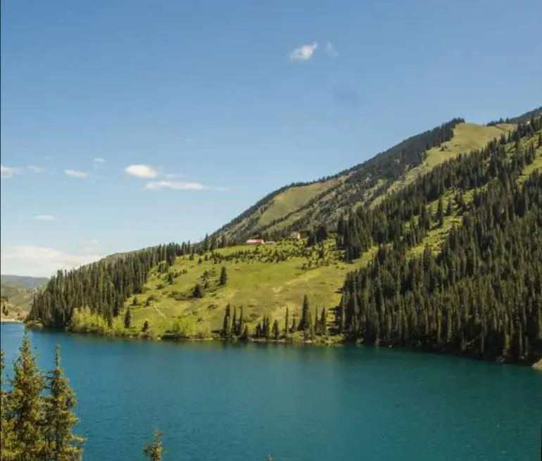Kolsay Lake surrounded by spruce forest