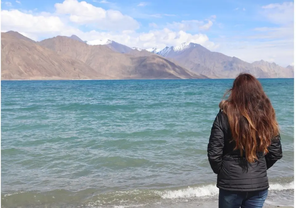 Traveller at the shore of Pangong Tso, Ladakh
