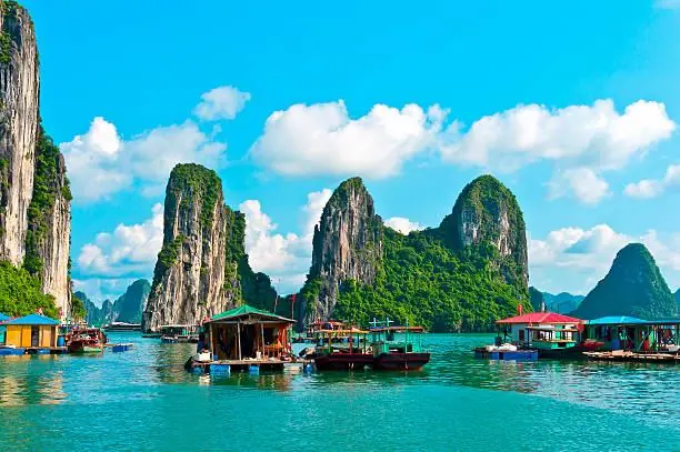 Floating village and limestone islands in Ha Long Bay